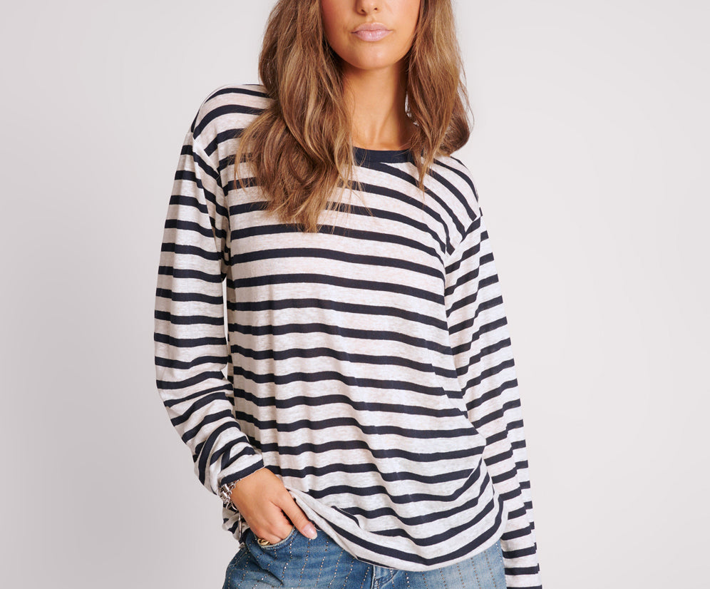 Linen Yarn Dye Stripe Longsleeve Boyfriend Tee - Blue White