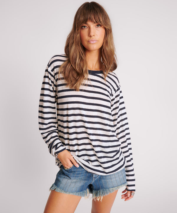 Linen Yarn Dye Stripe Longsleeve Boyfriend Tee - Blue White