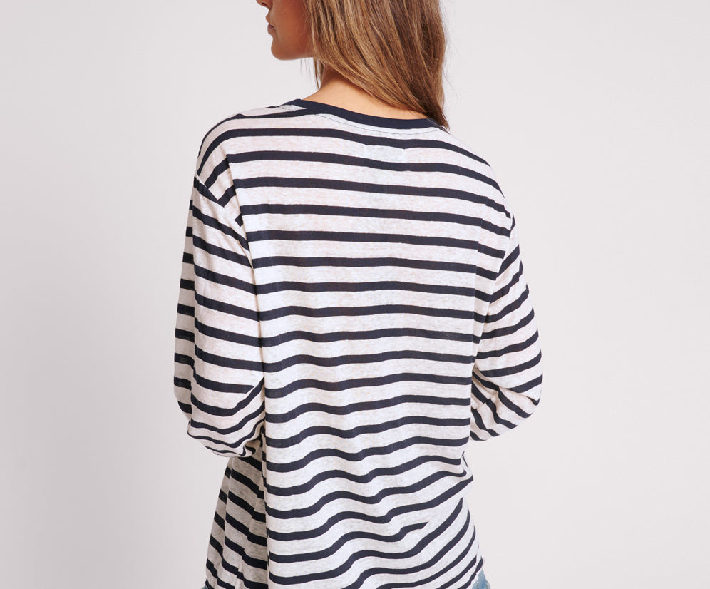 Linen Yarn Dye Stripe Longsleeve Boyfriend Tee - Blue White