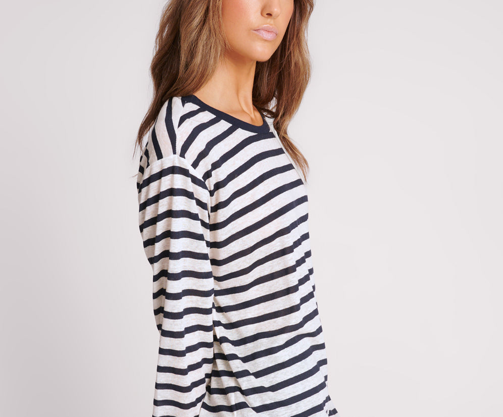 Linen Yarn Dye Stripe Longsleeve Boyfriend Tee - Blue White