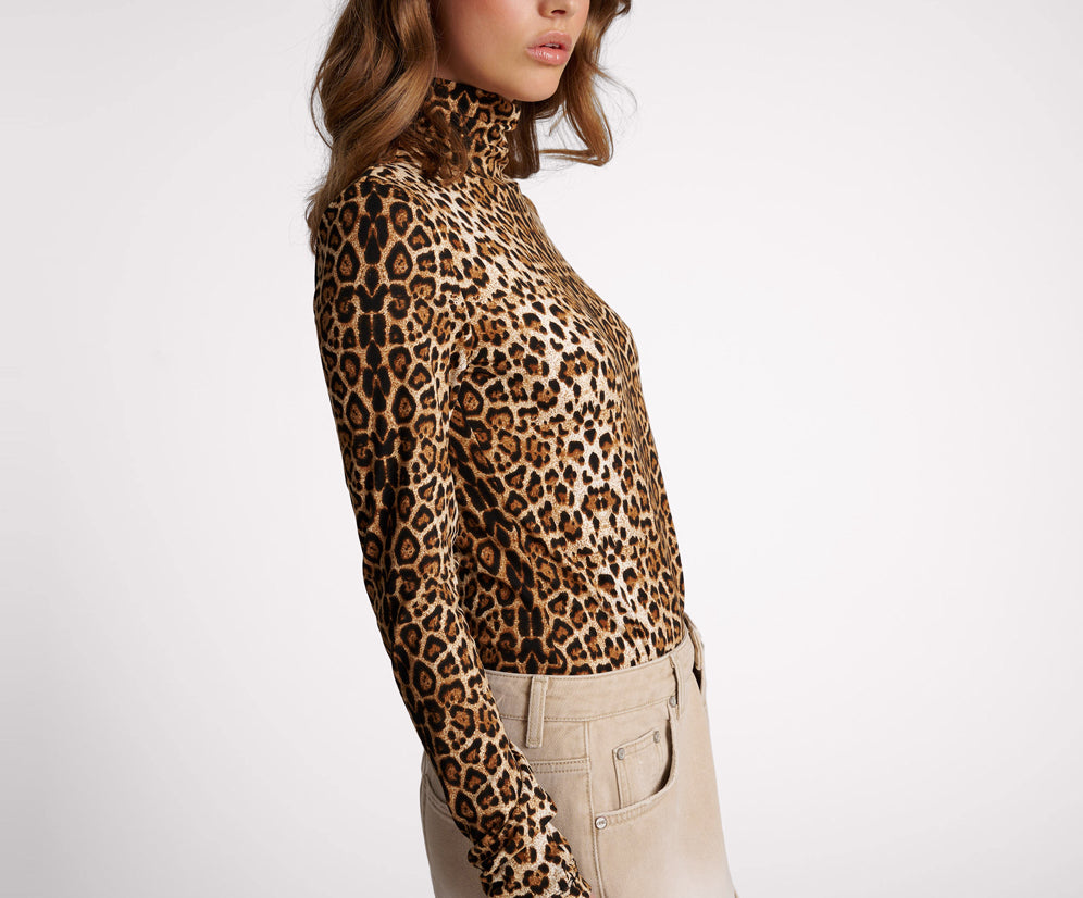 Jersey Turtle Neck Long Sleeve Top - Leopard