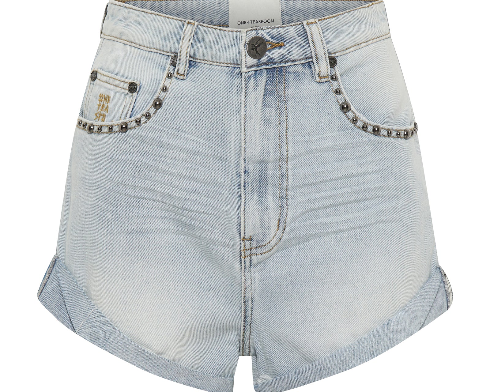 HUSTLER STUDDED BANDIT HIGH WAIST DENIM SHORTS