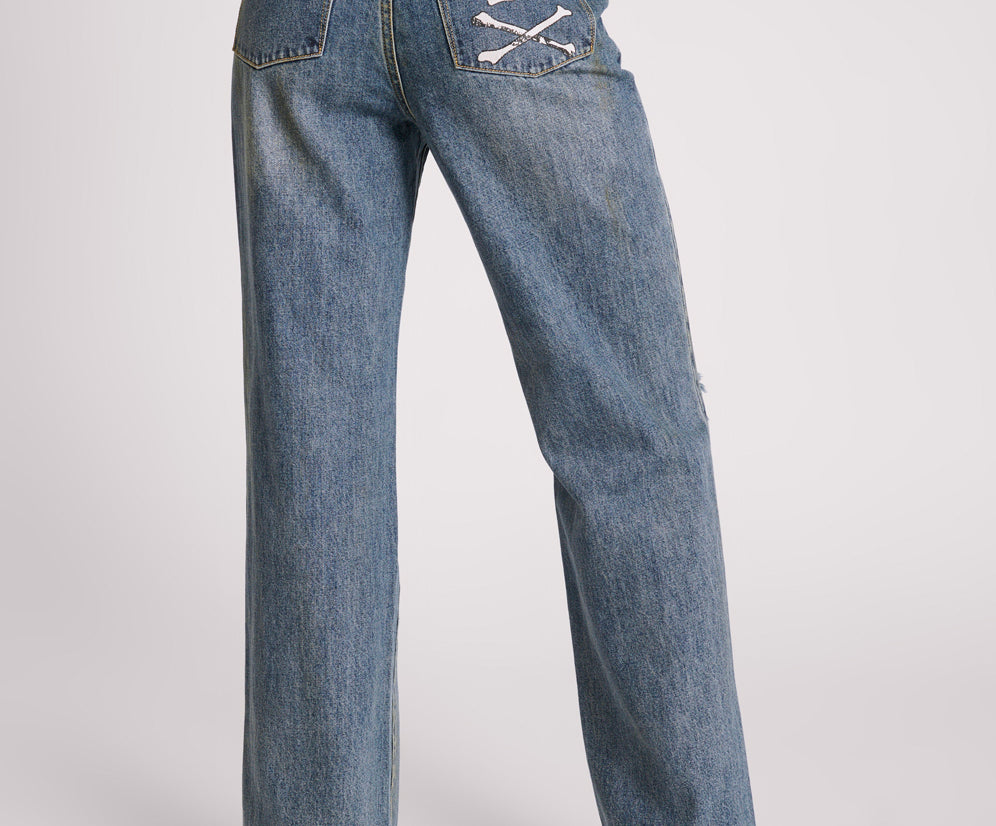 Billie Low Slung Straight Leg Mid Waist Denim Jeans - Used Blue