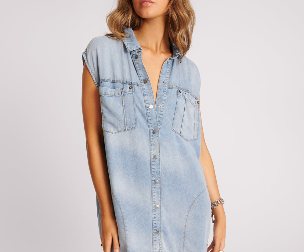 Tencel Shirt Mini Dress - Soft Blue