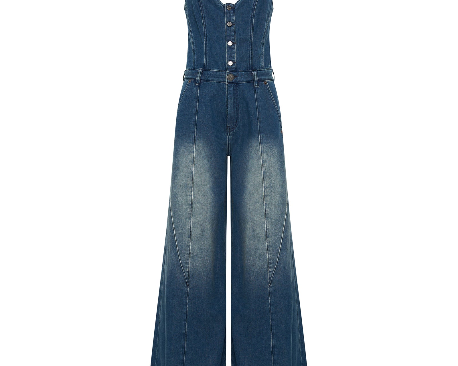 Freida Fit N Flare Denim Jumpsuit - Gritty Blue