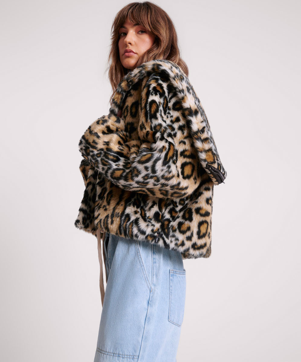 Faux Fur Leopard Split Hood Jacket Animal