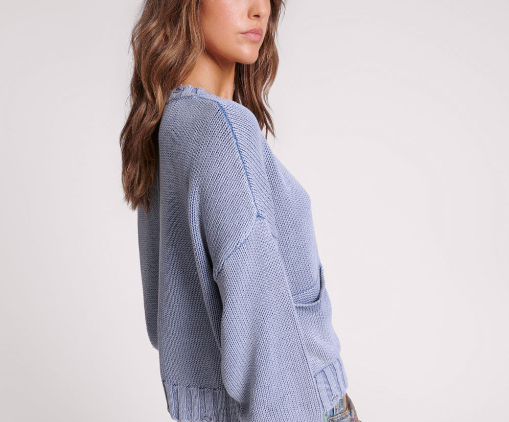 Acid Washed Oversized Pocket Sweater - Washed Blue