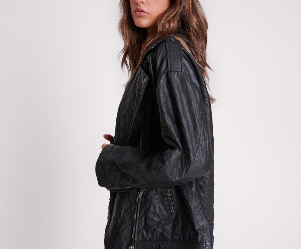 Boyfriend Leather Biker Jacket - Black