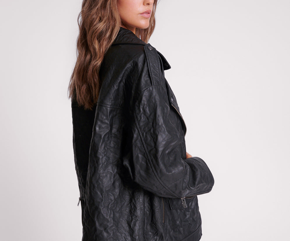 Boyfriend Leather Biker Jacket - Black