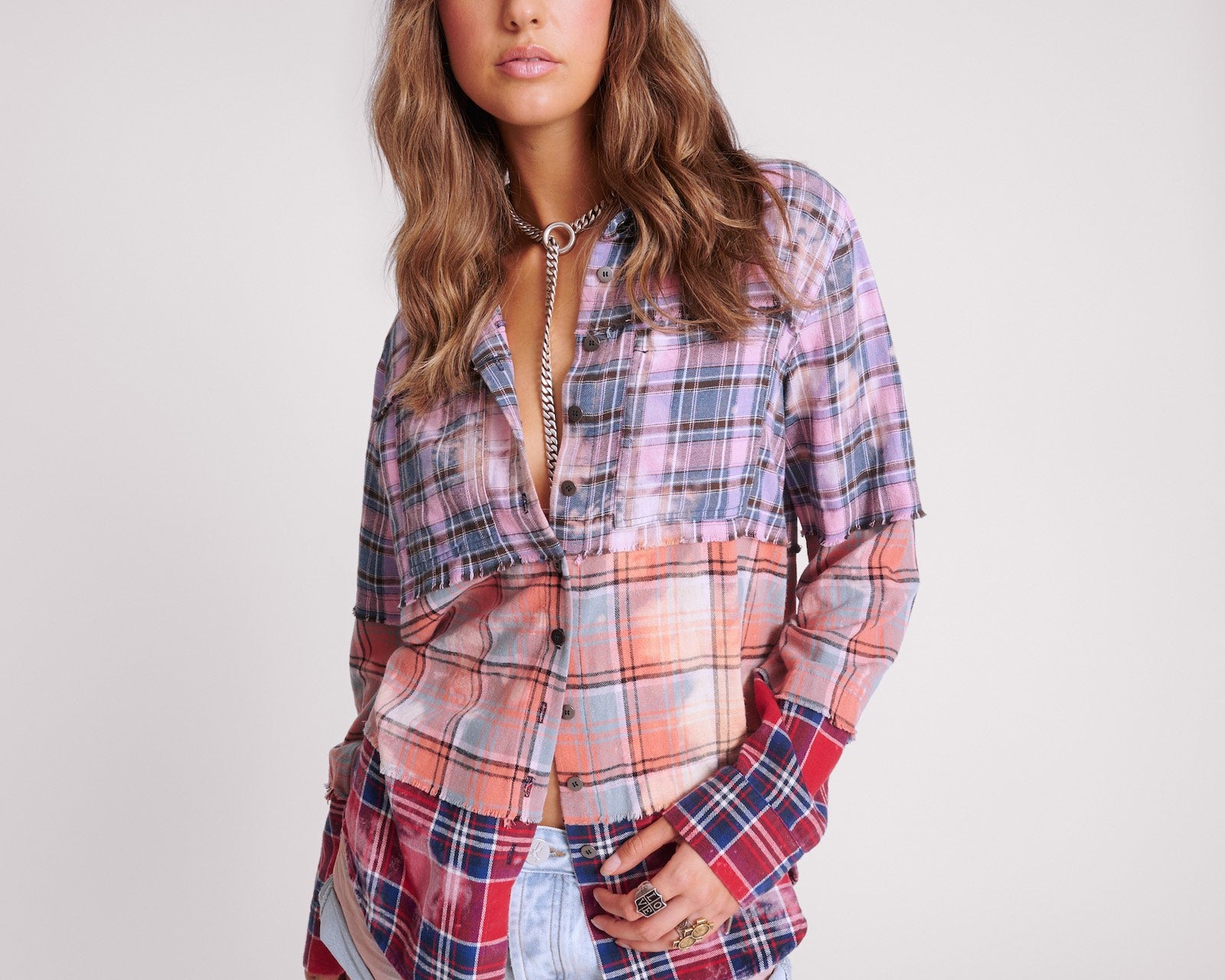 Distressed Mixed Flannel Shirt - Multi