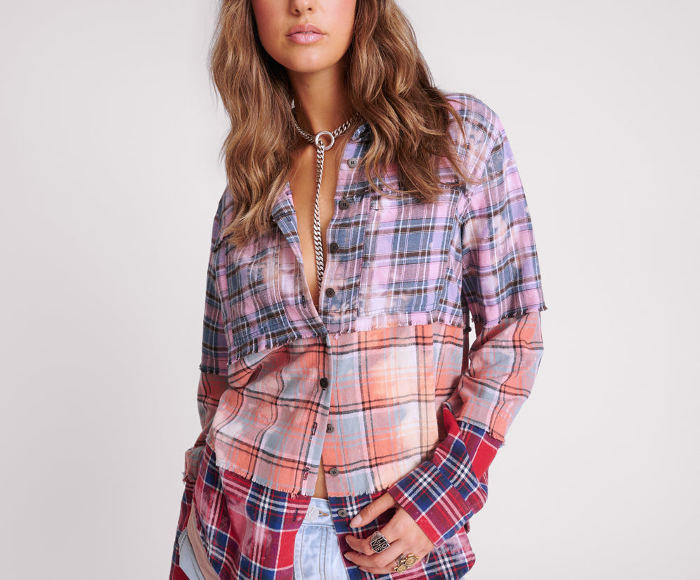 Distressed Mixed Flannel Shirt - Multi