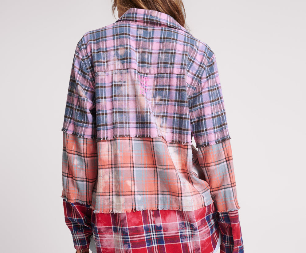 Distressed Mixed Flannel Shirt - Multi