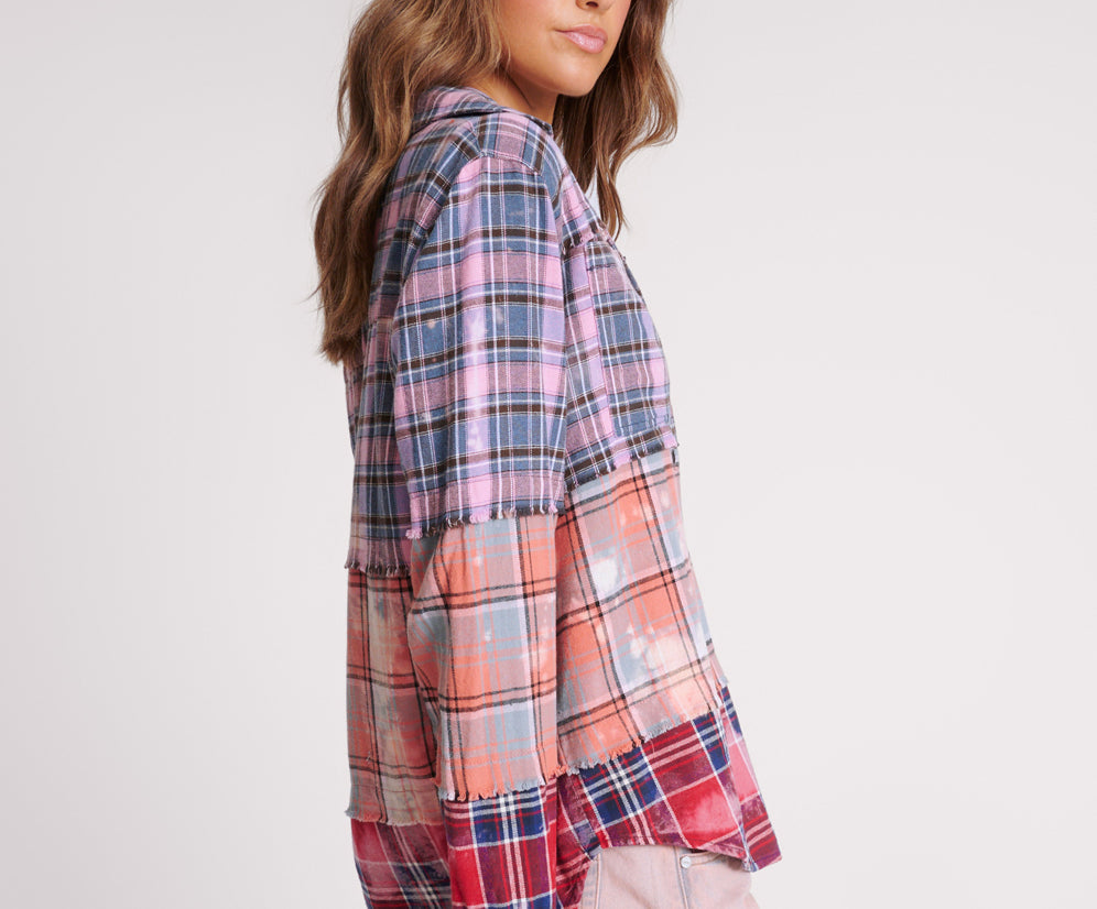 Distressed Mixed Flannel Shirt - Multi