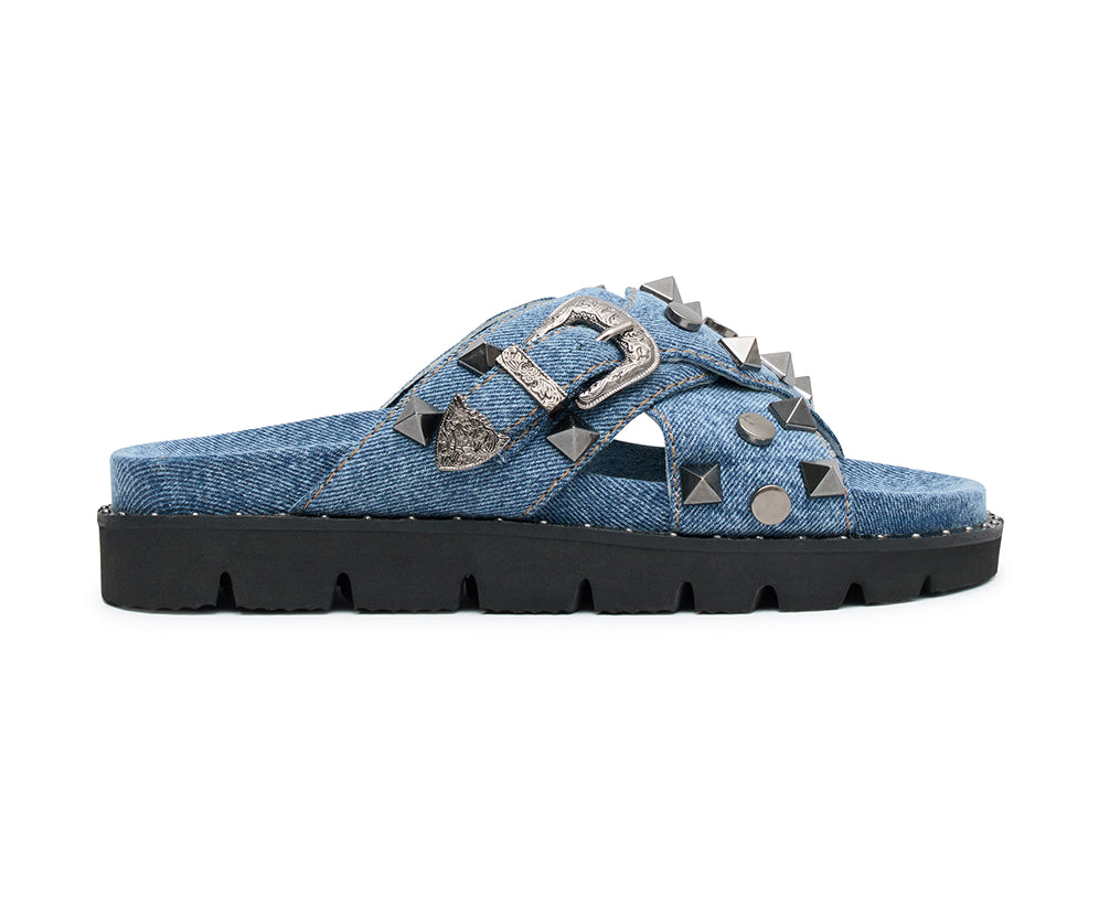 Studded Denim Iggy Slides - Blue