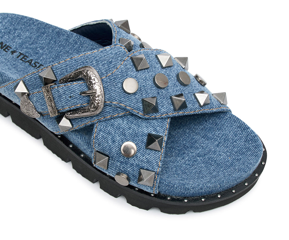 Studded Denim Iggy Slides - Blue