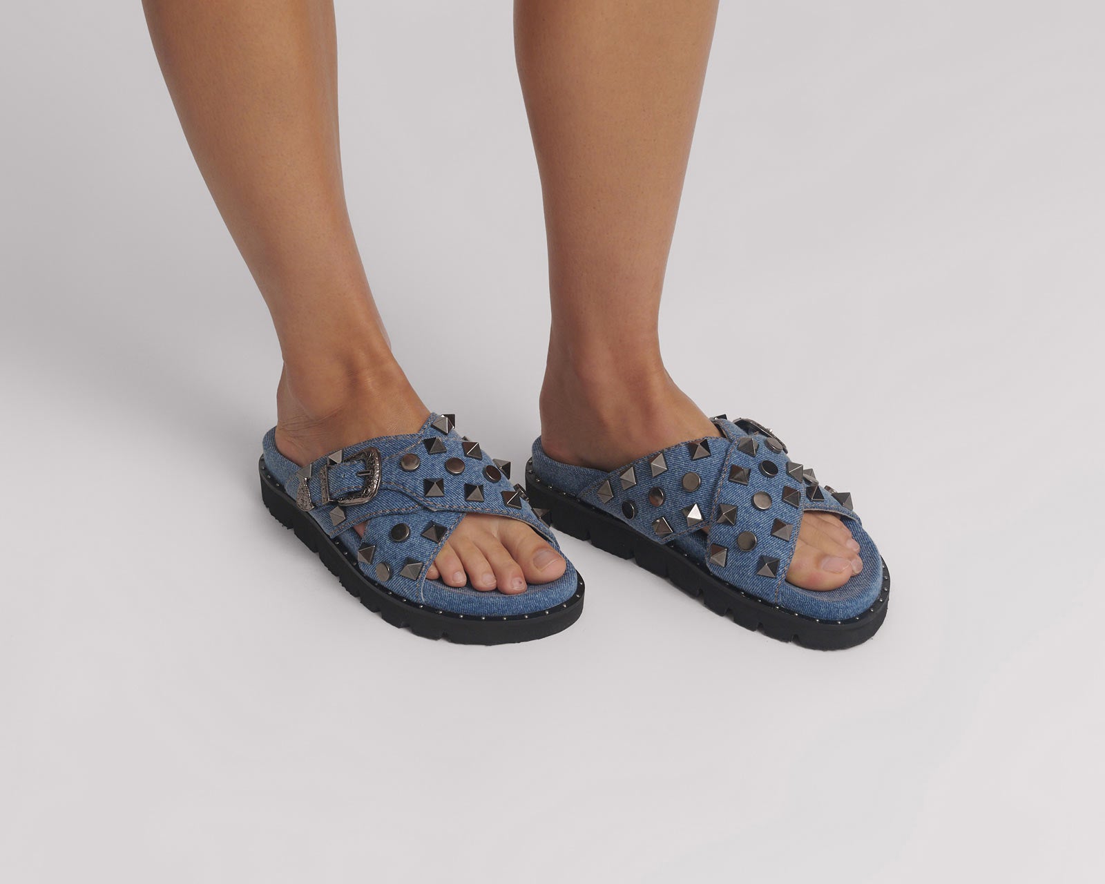 Studded Denim Iggy Slides - Blue