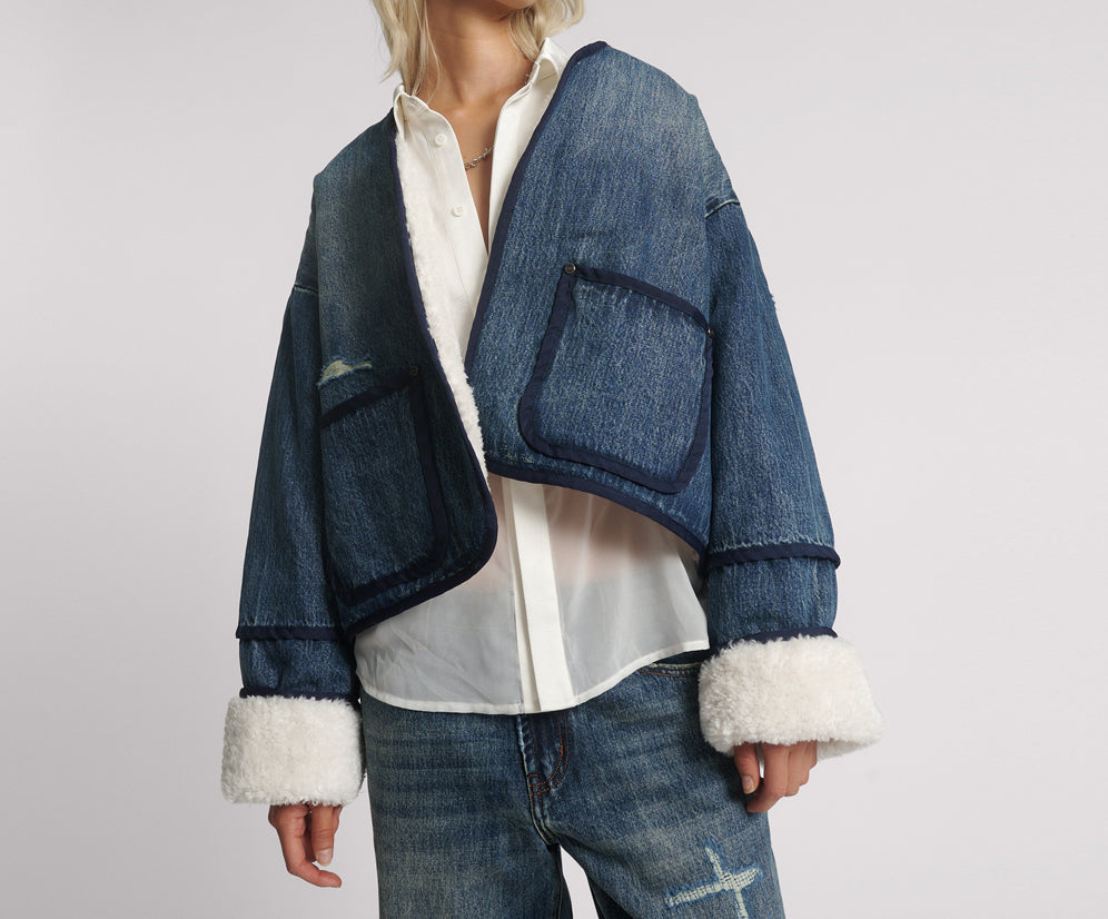 Teddy Cropped Denim Jacket - Boys Club Blue