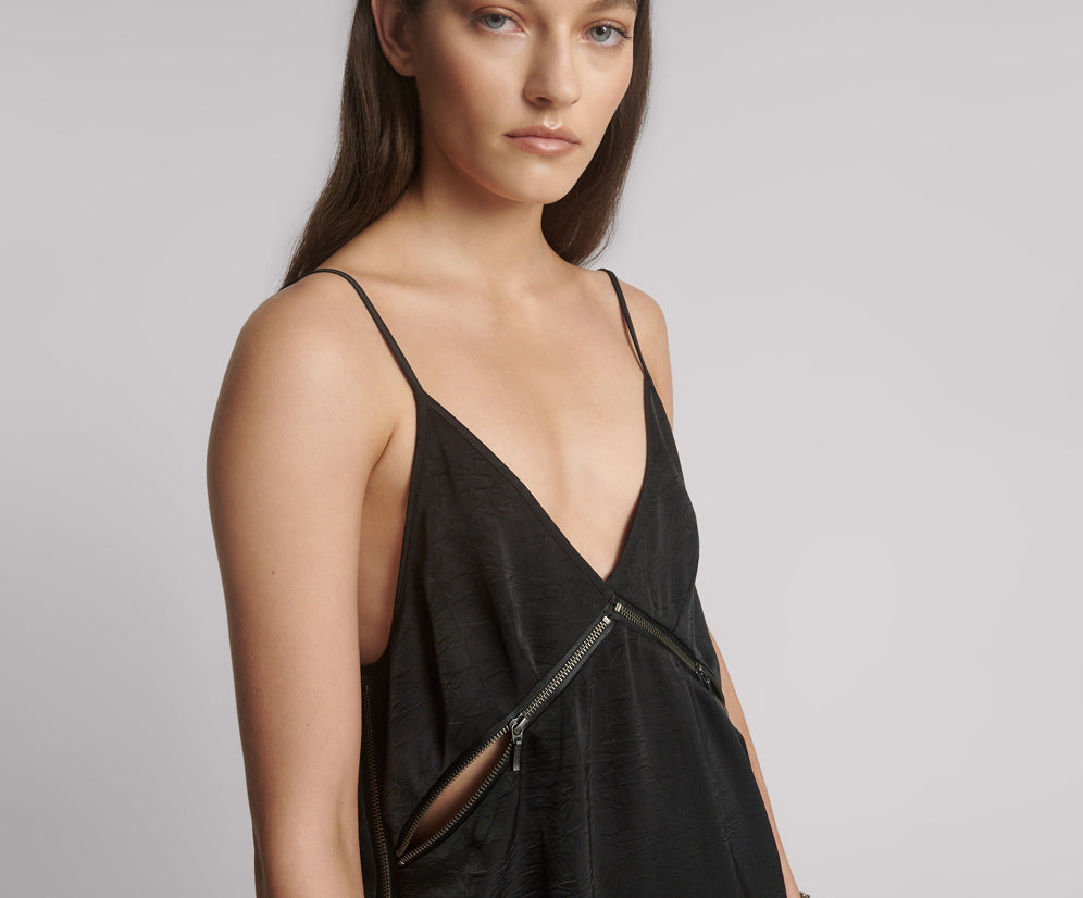 Courtney Zipped Up Satin Slip Mini Dress - Black