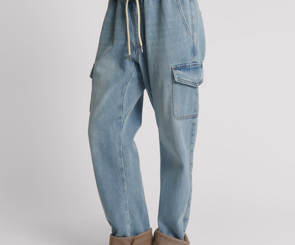 Cargo Shabbies Low Waist Drawstring Boyfriend Denim Jeans - Blue Tobacco