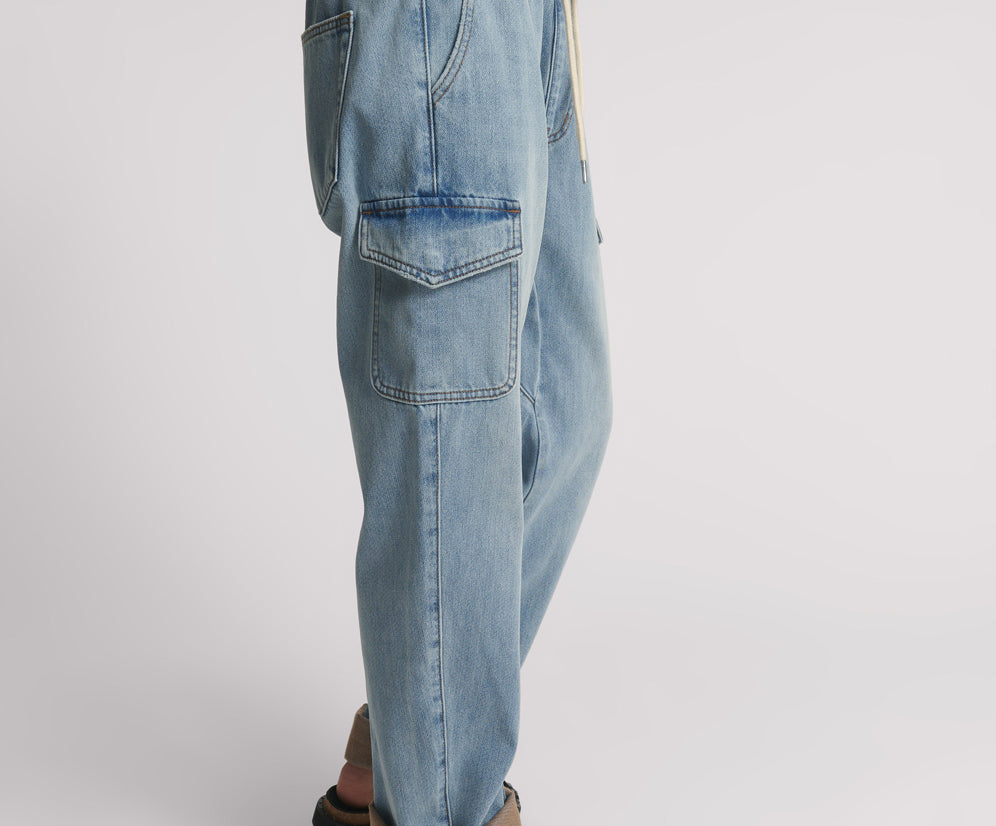 Cargo Shabbies Low Waist Drawstring Boyfriend Denim Jeans - Blue Tobacco