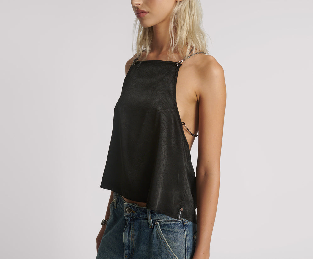 Heaven Chain Satin Backless Top - Black