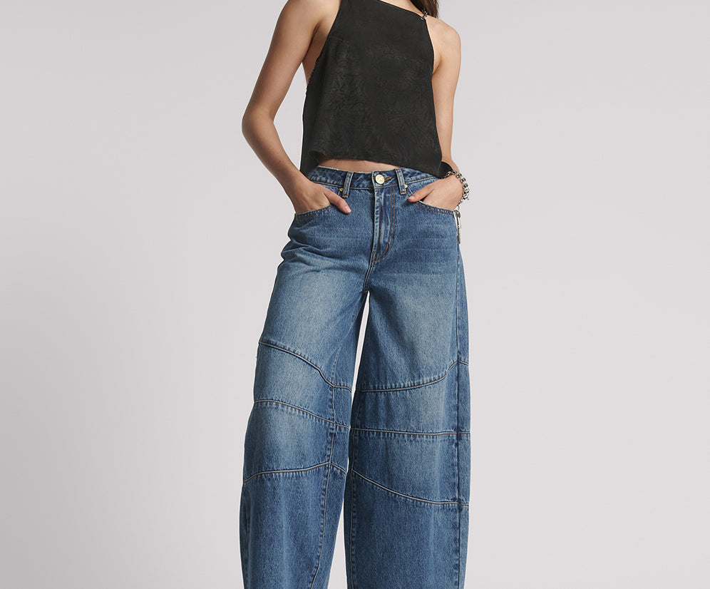 Barrel Mid Waist Wide Leg Denim Jeans - Dirty Blue Love