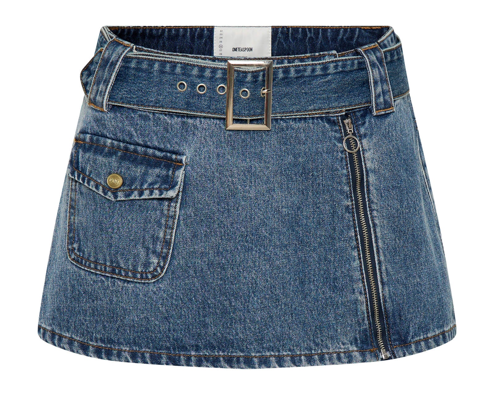 Moto Belted Zipper Mini Denim Skirt - Dirty Blue Love