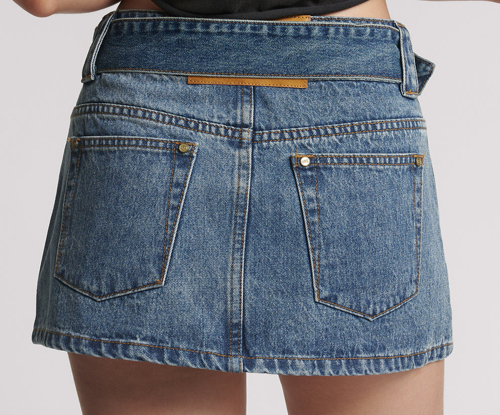 Moto Belted Zipper Mini Denim Skirt - Dirty Blue Love