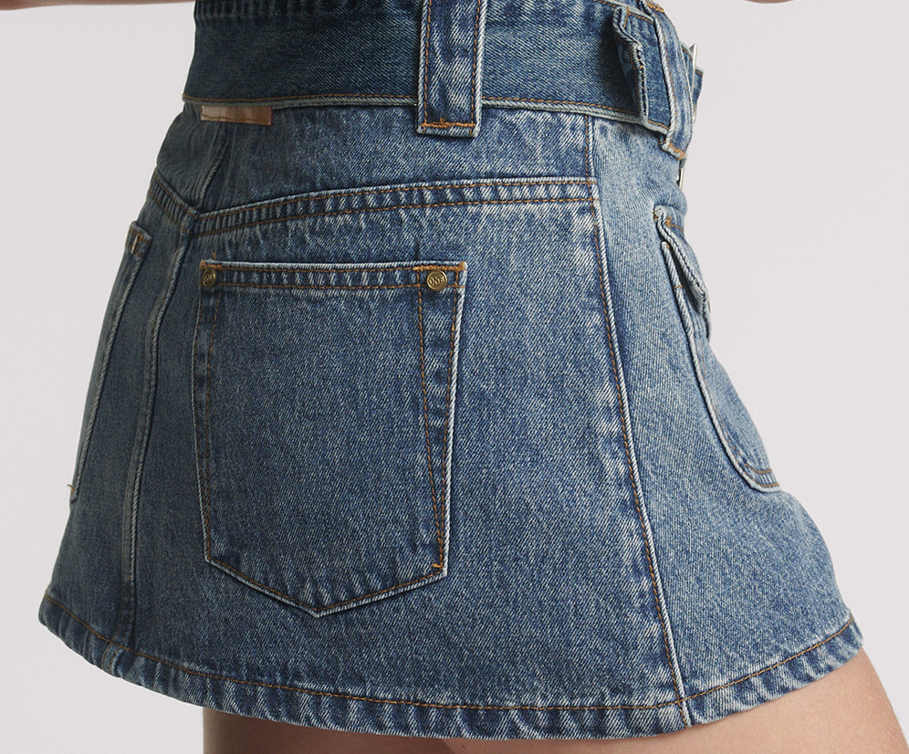 Moto Belted Zipper Mini Denim Skirt - Dirty Blue Love