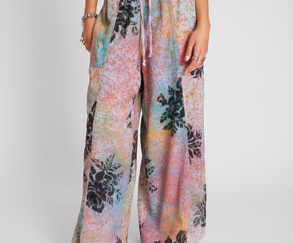 ROSE TATTOO HAND PAINTED FLORAL PALAZZO PANTS