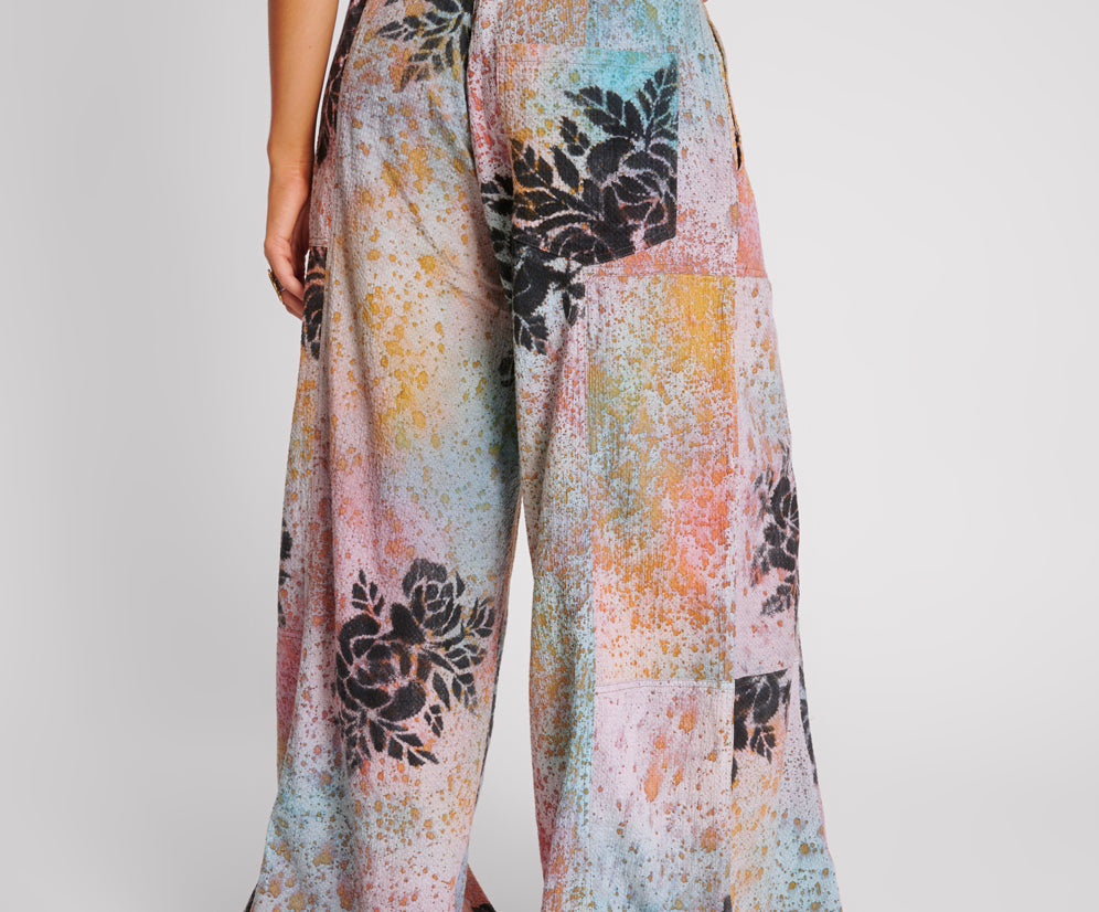 ROSE TATTOO HAND PAINTED FLORAL PALAZZO PANTS