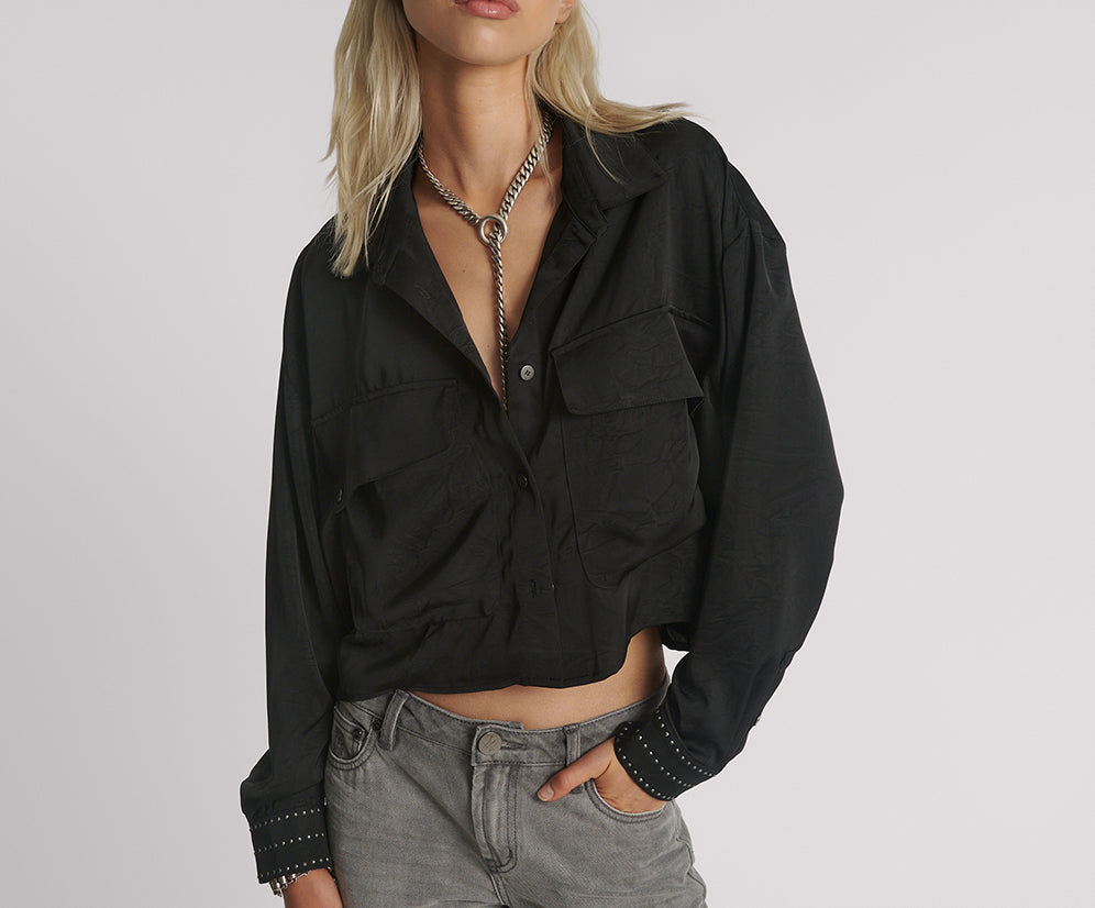 Crushed Satin Oversized Pocket Cropped Shirt - Black