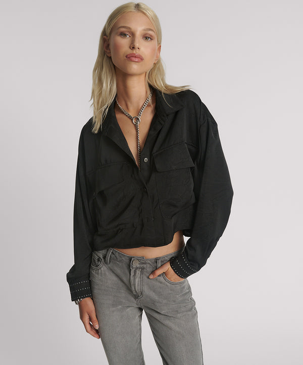 Crushed Satin Oversized Pocket Cropped Shirt - Black