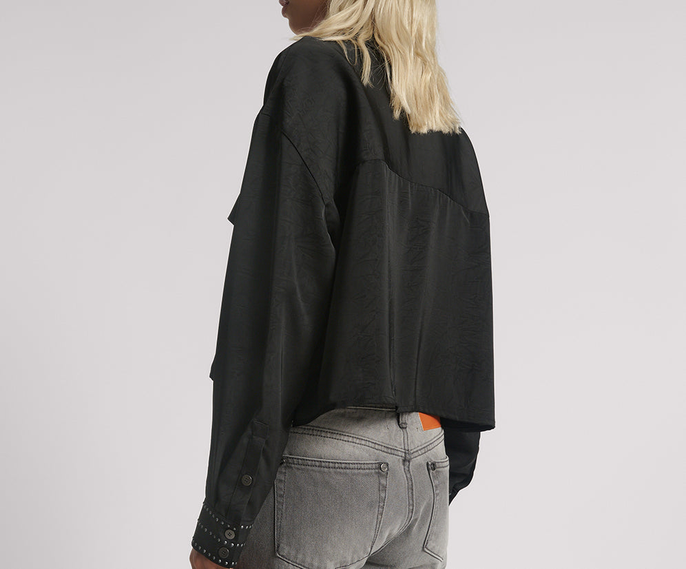 Crushed Satin Oversized Pocket Cropped Shirt - Black