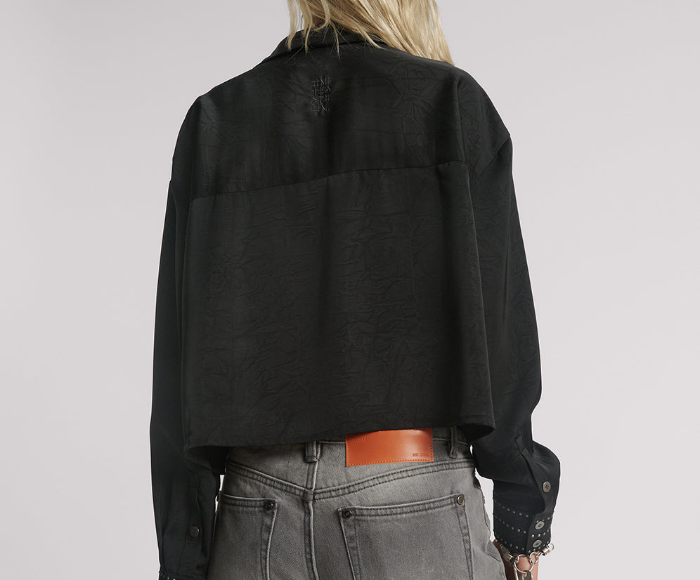 Crushed Satin Oversized Pocket Cropped Shirt - Black