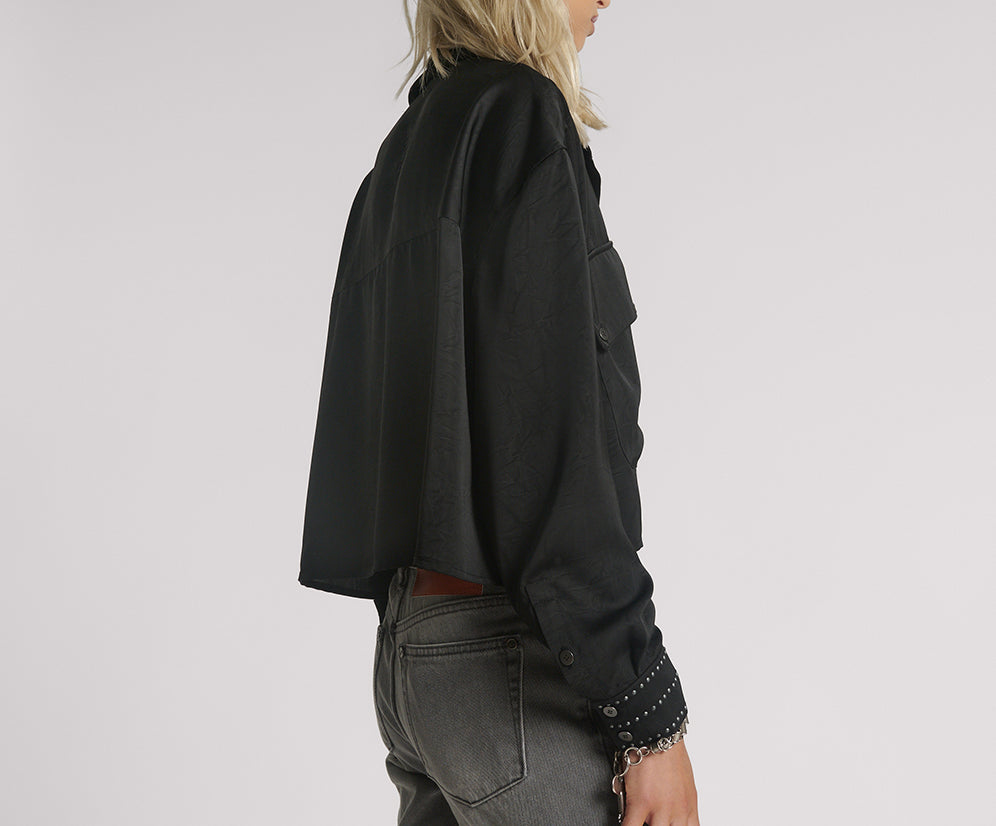 Crushed Satin Oversized Pocket Cropped Shirt - Black