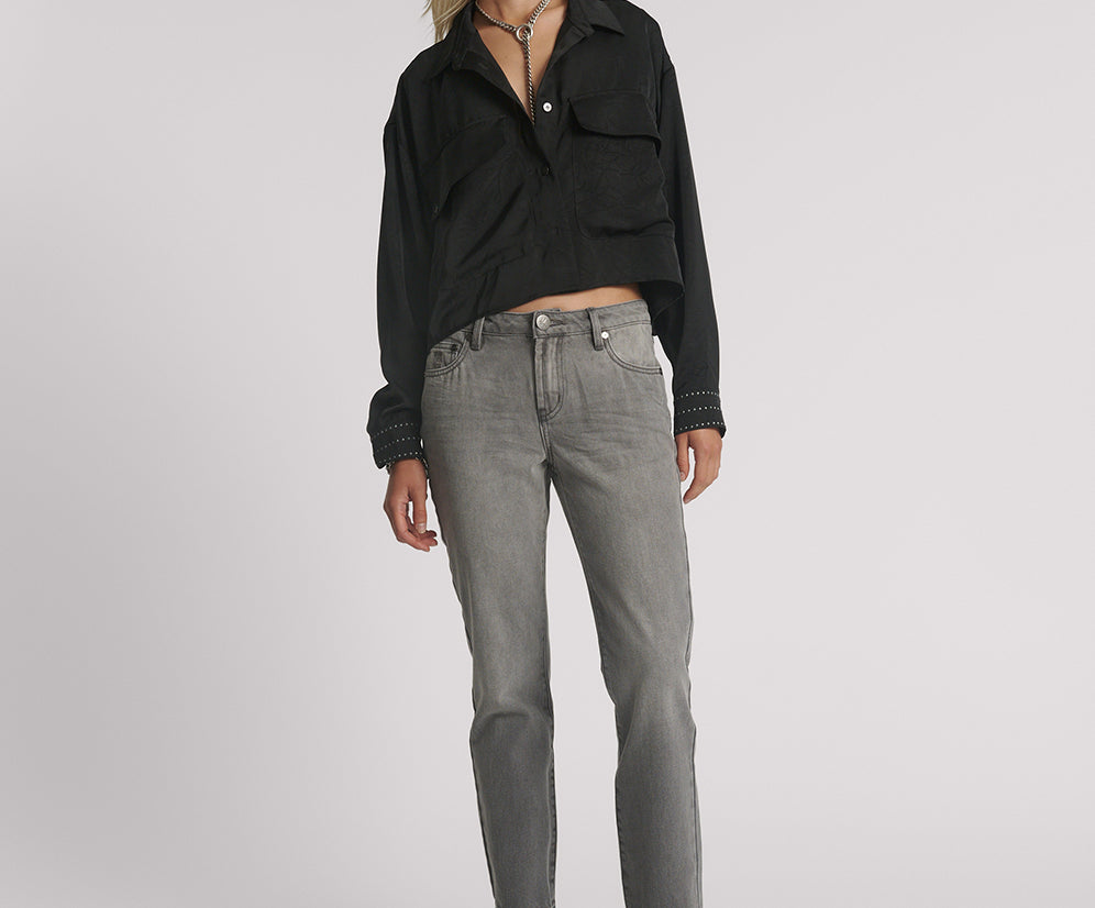 Crushed Satin Oversized Pocket Cropped Shirt - Black