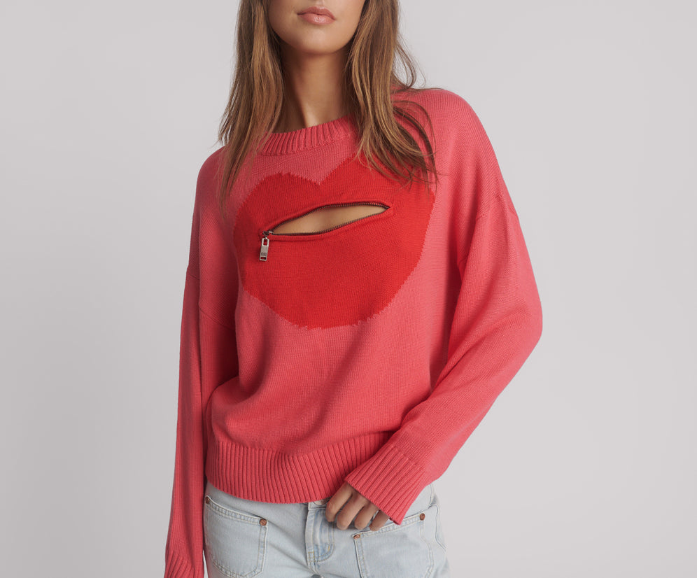 Lips Of Love Zip Front Valentines Sweater - Pink