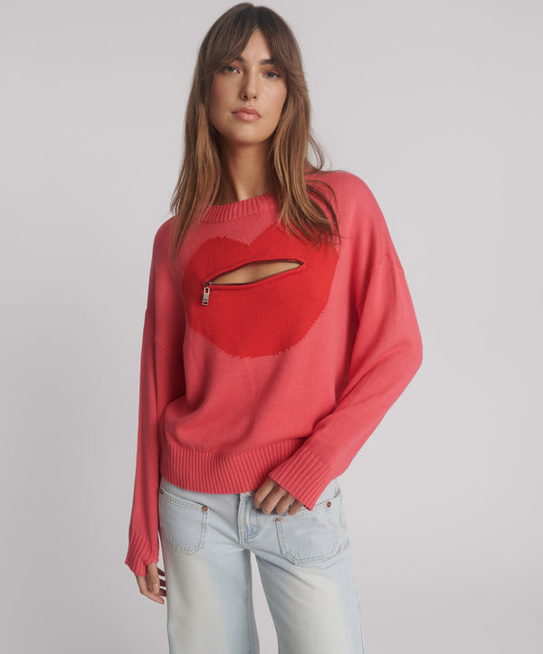 Lips Of Love Zip Front Valentines Sweater - Pink