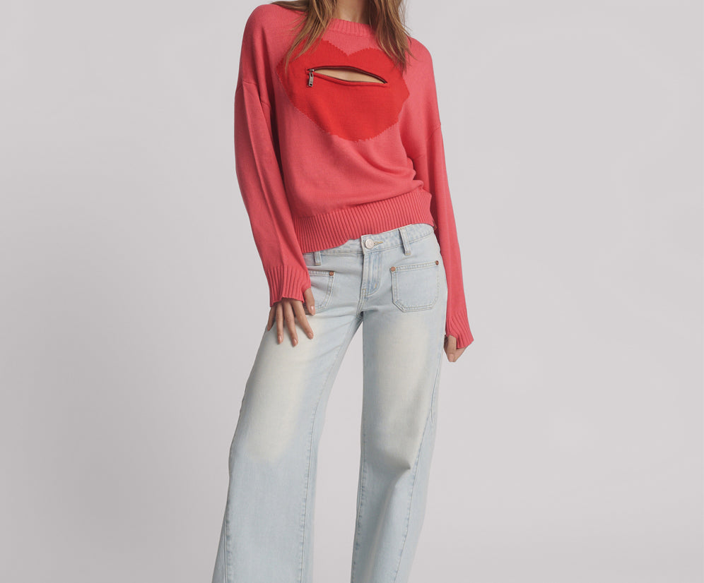 Lips Of Love Zip Front Valentines Sweater - Pink