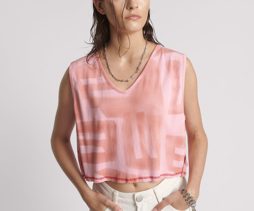 Gloria Moai V-Front Hand Painted Rib Tank Top - Pink