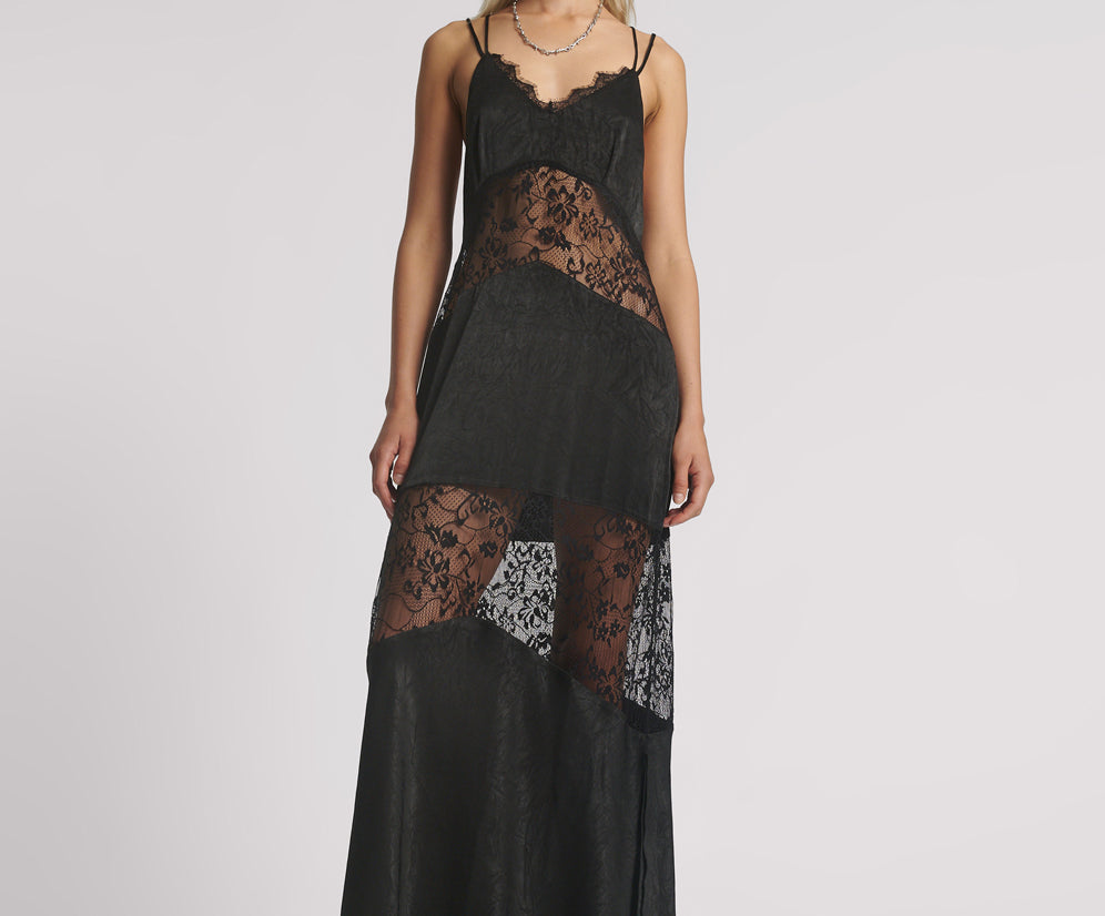 Winona Lace Long Slip Maxi Dress - Black