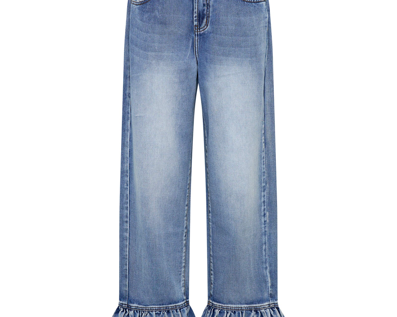 Big Loves Mid Waist Wide Leg Frilled Denim Jeans - Blue Summer