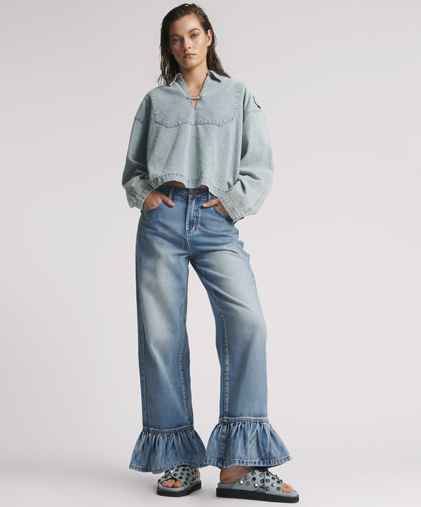 Big Loves Mid Waist Wide Leg Frilled Denim Jeans - Blue Summer