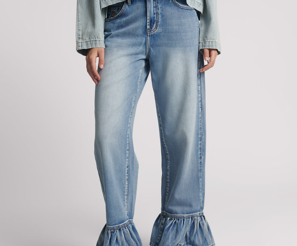 Big Loves Mid Waist Wide Leg Frilled Denim Jeans - Blue Summer