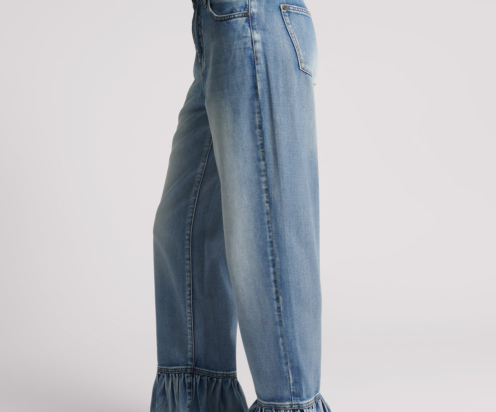 Big Loves Mid Waist Wide Leg Frilled Denim Jeans - Blue Summer