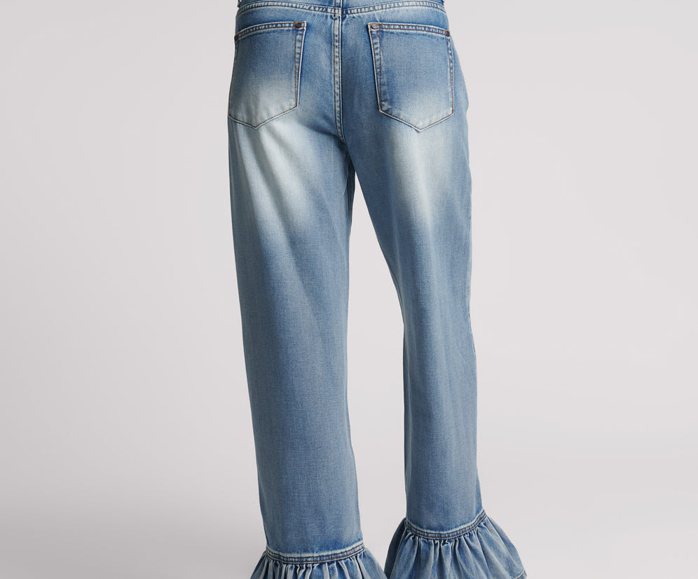 Big Loves Mid Waist Wide Leg Frilled Denim Jeans - Blue Summer