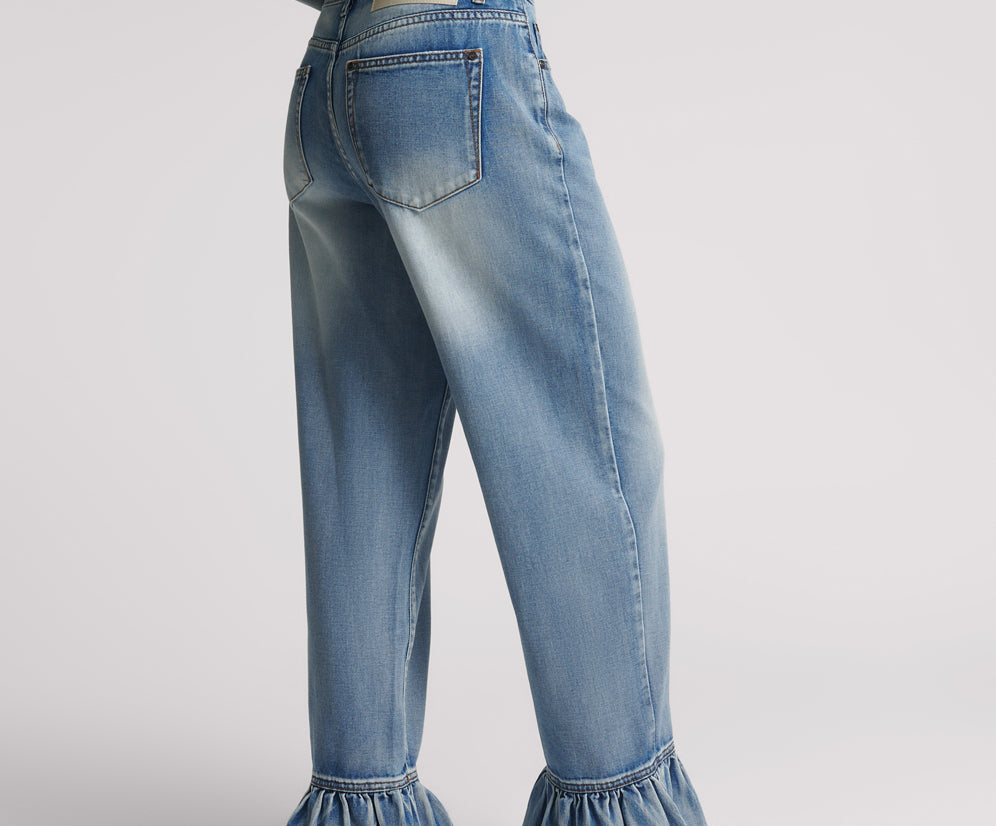 Big Loves Mid Waist Wide Leg Frilled Denim Jeans - Blue Summer