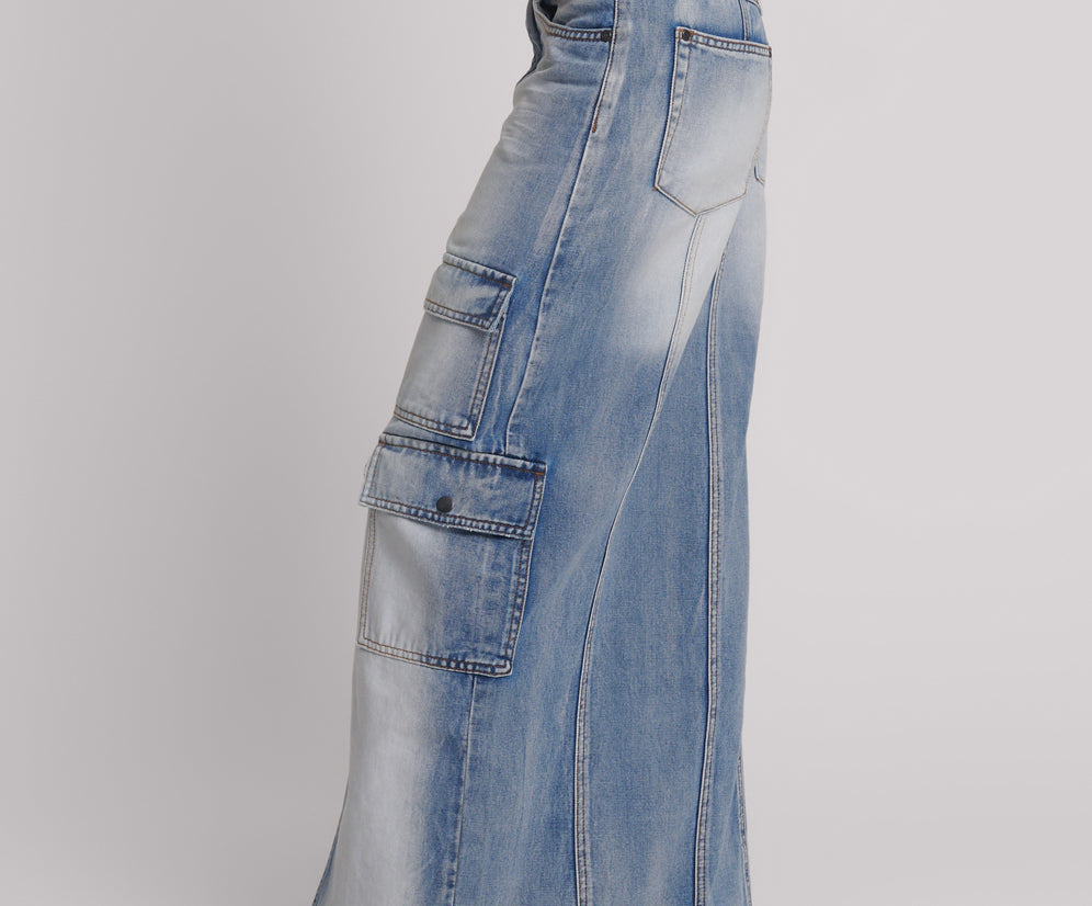 Epic Cargo Mid Waist Maxi Denim Skirt - Blue Summer