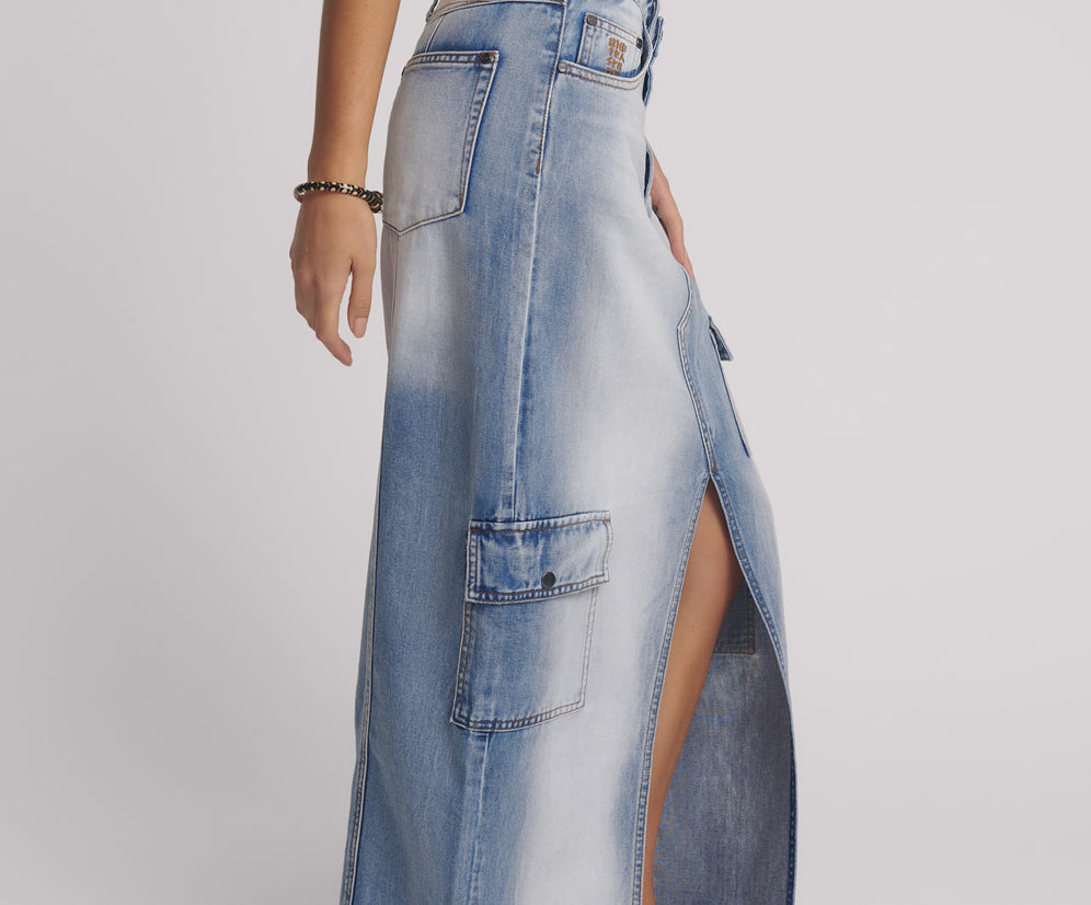 Epic Cargo Mid Waist Maxi Denim Skirt - Blue Summer